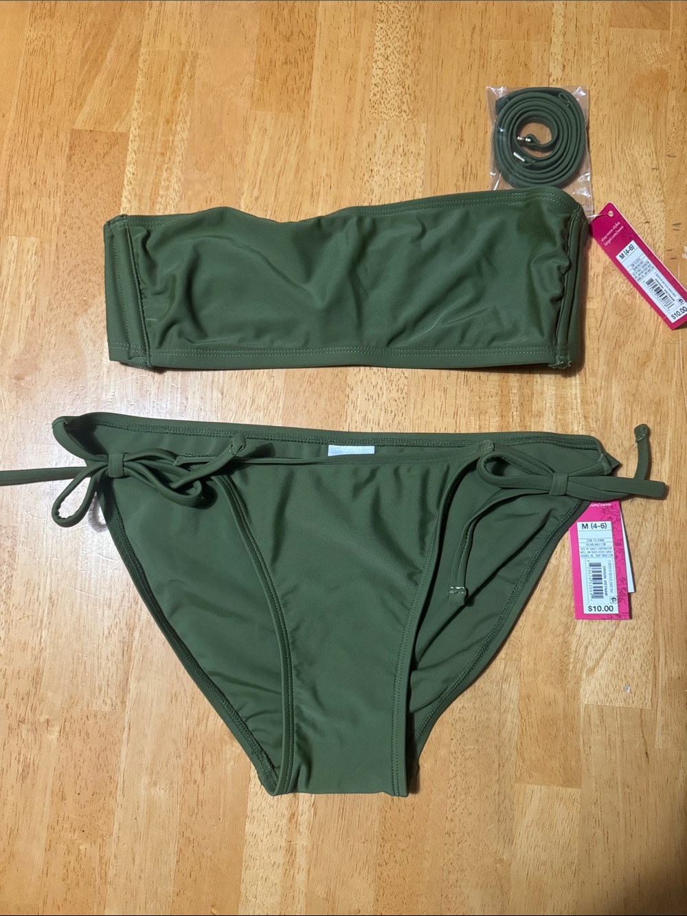 Xhilaration Olive Green Bandeau Bikini with Matching Tie-Side Bottoms - Size M